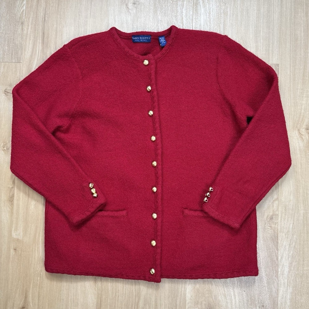 Karen Scott Cardigan Sweater Pure Wool Red 1X Gold Buttons Pockets Australia